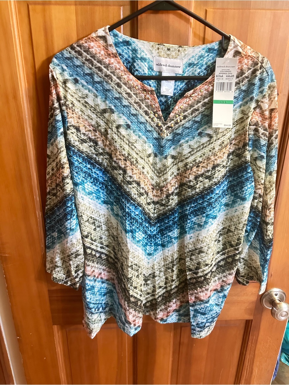 Alfred Dunner Blue Multi Chevron-Print V-Neck Tunic